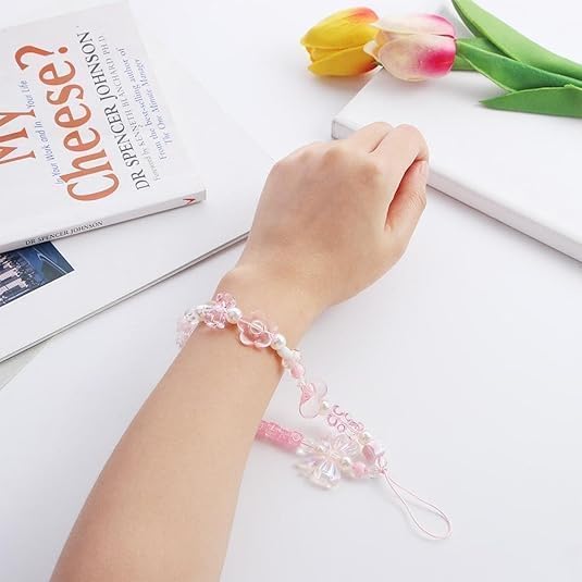 Mozff 2Pcs Pink Acrylic Beaded Mobile Phone Straps Anti-Lost Hand Strap Pendant Hanging Rope Phone Wrist Hand Lanyard Home Cell Phone Charms Button