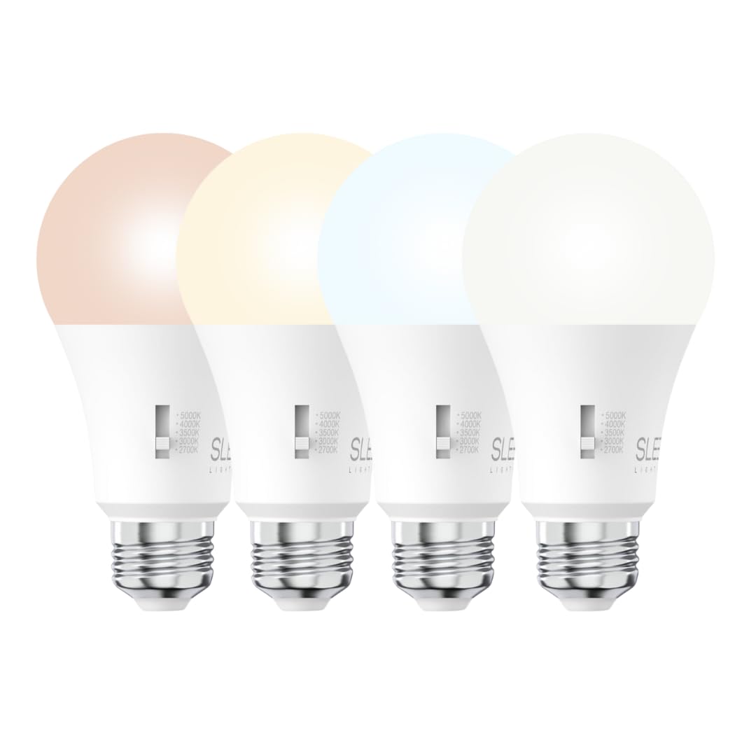 SLEEKLIGHTING A19 40W Equivalent 9 Watt LED Bulb, 5 CCT (2700K, 3000K, 3500K, 4000K, 5000K) 800 Lumens, Dimmable, Energy Star, E26 Base - (4 Pack)