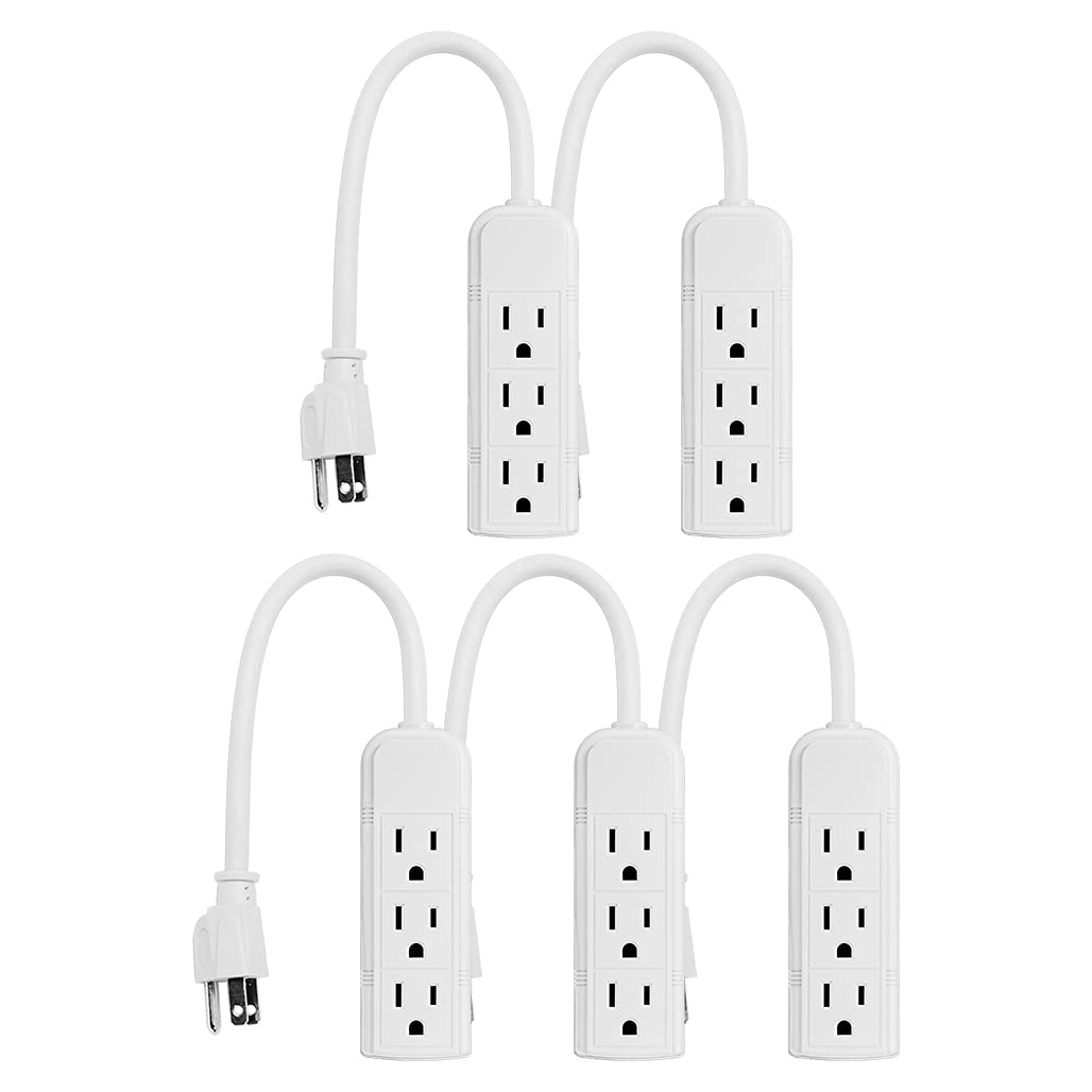 Uninex PS28E WTv2 Compact Grounded 3-Outlet Power Strip ETL Listed, 1-Foot, White, 5-Pack