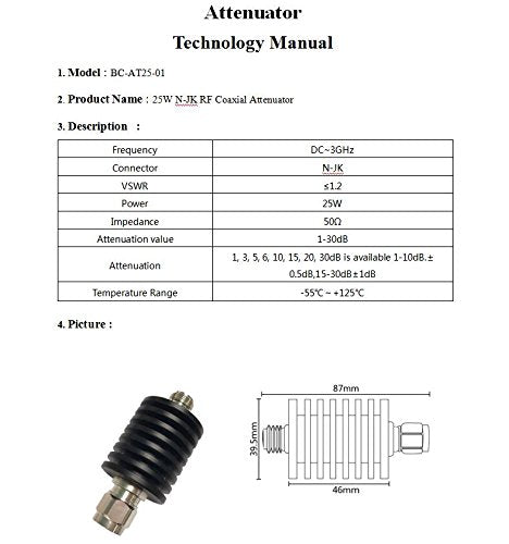 BECEN 25W N Male to Female Connector attenuator,DC to 3GHz,50 Ohm (10db)