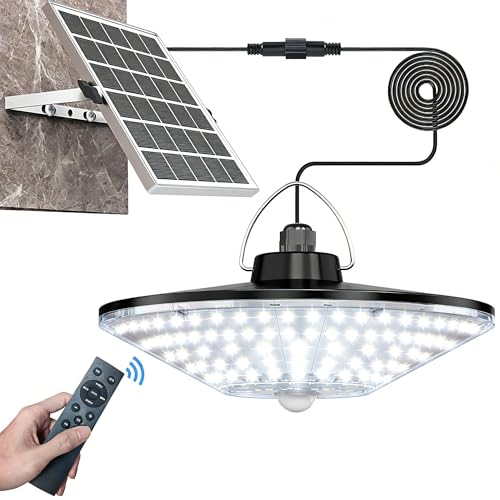 Solar Shed Light 198LED 1200LM Solar Powered Motion Sensor Light, 5 Modes Remote Control, IP65 Waterproof Solar Hanging Barn Light with 16.5ft Cable