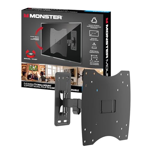 Monster Full Motion TV Mount for 13”-42” TVs up to 55 Lbs., Flat Panel Swivel and Tilt Television Mount, Heavy Gauge Steel Construction, Tilts 5°