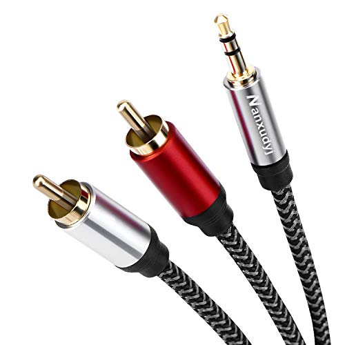 Nanxudyj 3.5mm to 2RCA Audio Cable 15ft Aux to RCA Y Splitter with Metal Shell | Case-Friendly Nylon Braided Cord for Stereo Receiver, Amplifier, Home