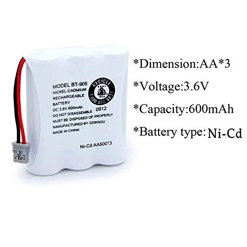 OXWINOU BT-905 BT905 Rechargeable Cordless Handset Phone Battery Compatible with for BBTY0663001 BBTY-0444001 BP-800 BP-905 BT-1006 3.6v 600mAh Ni-CD