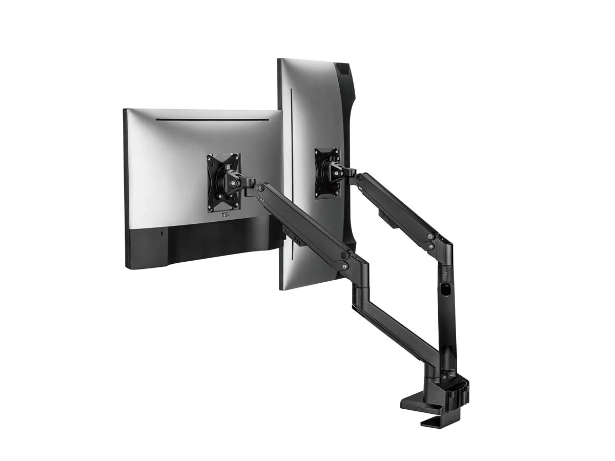 Monoprice Low Profile Dual Monitor Gas Spring Desk Mount - Up to 32in/19.8 lbs Screens, Detachable VESA 100x100/75x75 Plate, 180 Degree Wall Stop