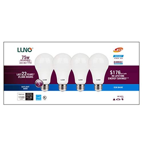 LUNO A19 Dimmable LED Bulb, 11W (75W Equivalent), 1100 Lumens, 5000K (Daylight), Medium Base (E26),UL & Energy Star (4-Pack)