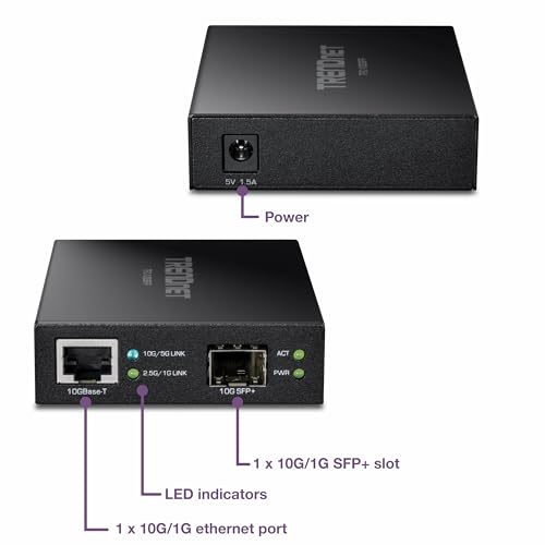 TRENDnet 10GBASE-T to SFP+ Fiber Media Converter, TFC-10GSFP, 1 x 10G RJ-45 Port, 1 x 10Gbps SFP+ Slot, NDAA & TAA Compliant, Power Adapter Included