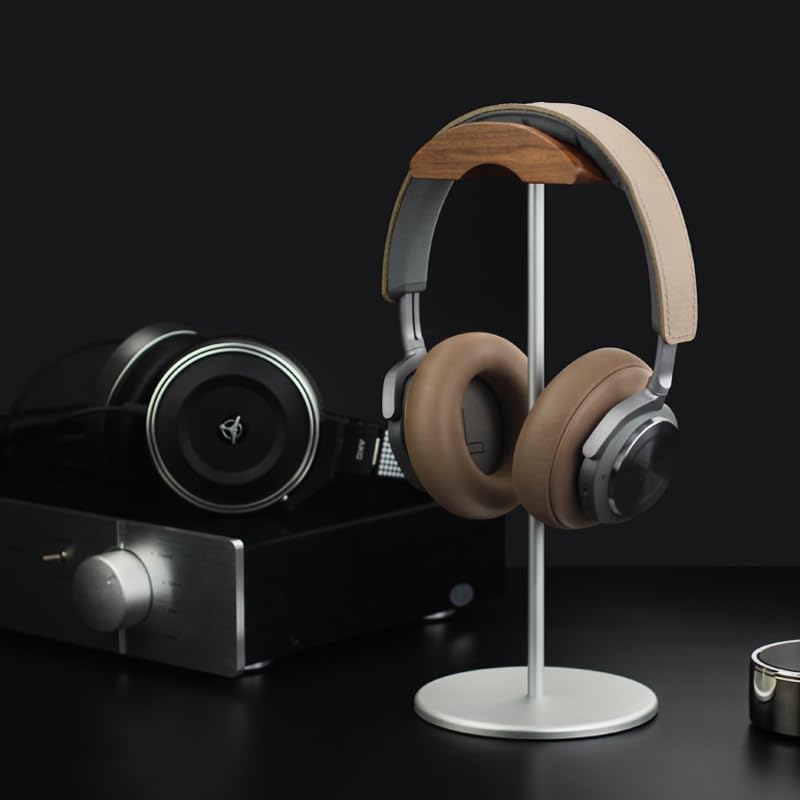 BEVCEFCC Headphone Stand Headset Holder with Wood and Aluminum Desktop Stand for Desk with Solid Heavy Base for All Headphone Sizes (Silver)