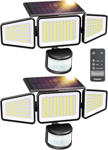 Ensenior Solar Motion Lights Outdoor, 228 LED 3000LM High Brightness Security Lights with Remote Control, IP65 Waterproof 3 Heads Flood Light 4 Modes