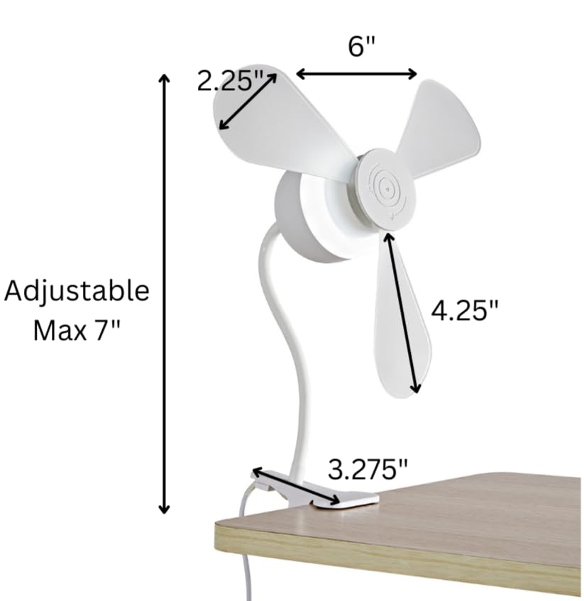 North Point Clip-On Fan with LED Light, Flexible Neck, Desk Clamp, White