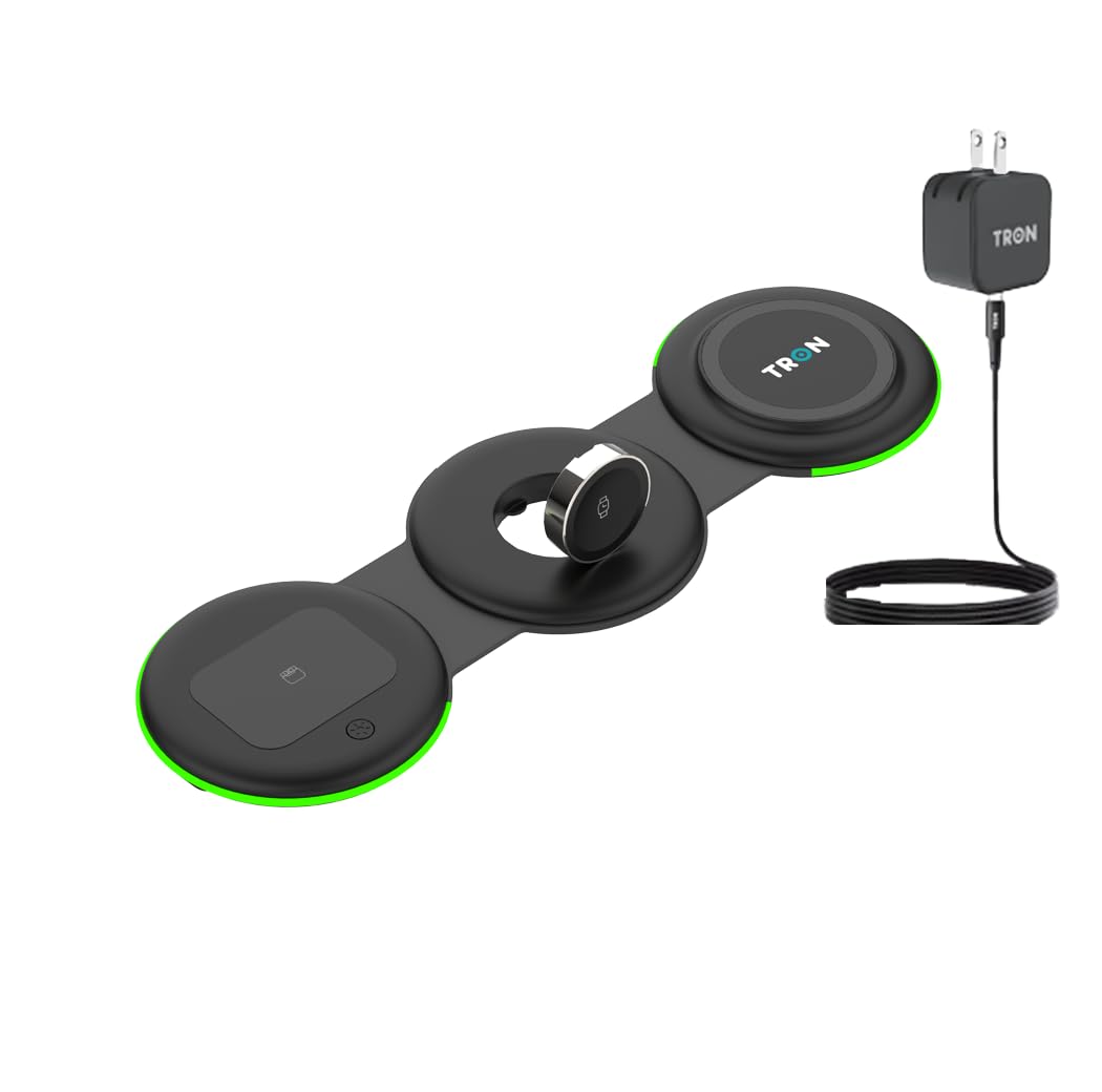 Tron 3 in 1 Foldable Magnetic Wireless Charger - Travel Charging Pad Dock for IWatch iPhone 16 15 14 13 12 Pro Max Plus & Earbuds