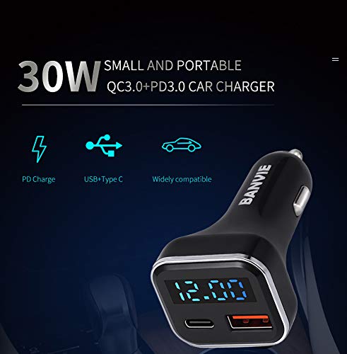 BANVIE USB C Car Charger with LED Voltage Display, 30W 2-Port Fast Charging Adapter with PD3.0&QC3.0 Compatible with iPhone 12 Pro Max/11 Pro