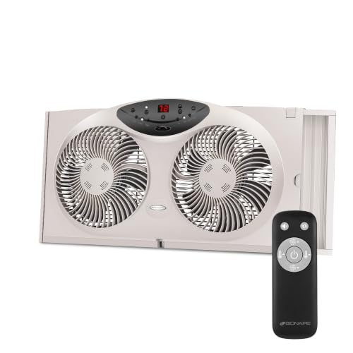 Bionaire Window Fan with Reversible Airflow Blades - 3-Speed Settings, Programmable Thermostat, LED Display, Remote Control, Fits 24-36" Windows, No