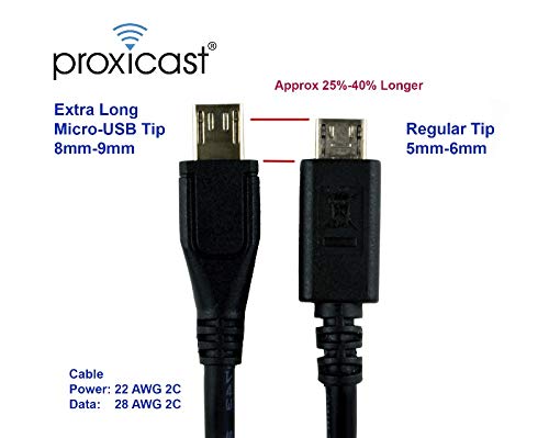 Proxicast Premium 8mm Extra Long Tip USB 2.0 Micro-USB Male - to - USB A Male Cable - 6 ft Length - Heavy 22 AWG Gauge - Fast Charge + Data for Thick