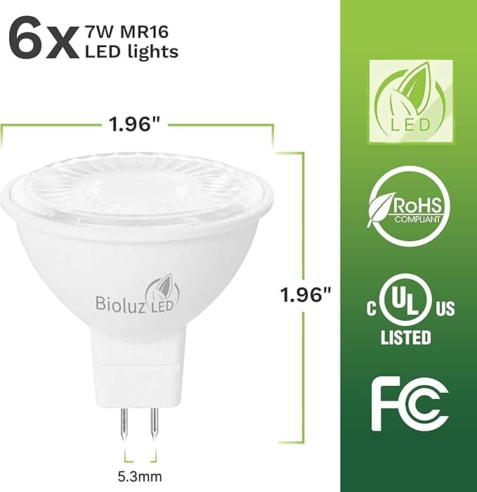 Bioluz LED Light Bulb - MR16 LED Bulb, 7W LED Light - 6 Pack 50W Halogen Replacement Non-Dimmable 3000K 12V AC/DC UL Listed Light Bulbs, LED Lights