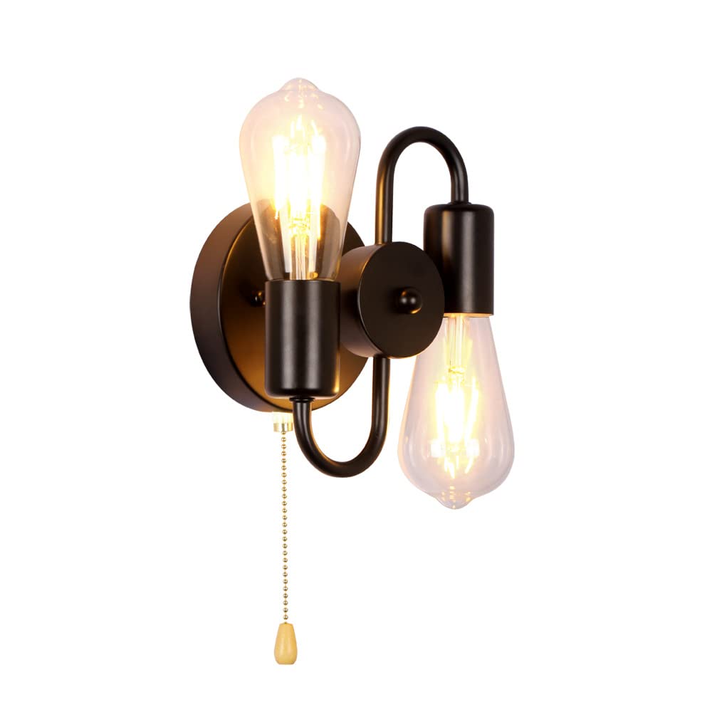 VinTopsh Pull Chain Switch Wall Sconces,2-Light Industrial Metal Wall Light Fixtures Sconces Wall Lighting for Bedroom Bathroom Kitchen Porch (Black)