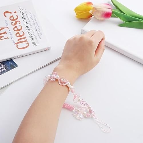 Dwuww Pink Acrylic Beaded Mobile Phone Straps Anti-Lost Hand Strap Pendant Hanging Rope Phone Wrist Hand Lanyard Home Cell Charms Cell Charms Button