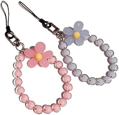 GANPUB Pink Mobile Strap Beaded Flower Bracelet Creative Hanging Rope Keychain Mobile Phone Lanyard Beaded Flower Anti-Lost Phone Case Cell Phone