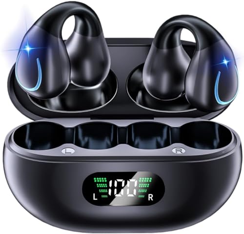 Open Ear Bone Conduction Headphones Bluetooth 5.3 Wireless Clip On Earbuds with Digital Display Charging Case 60 Hours Playtime Sport Earphones