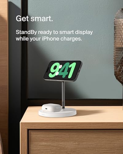 Belkin MagSafe 2-in-1 Wireless Charging Stand for Apple iPhone 17, iPhone 16, iPhone 15, iPhone 14 Series & AirPods - MagSafe Fast Charging Station
