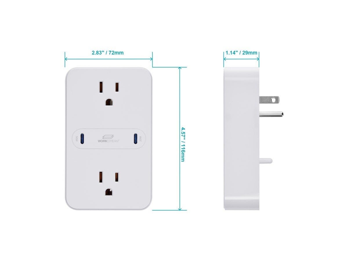 Monoprice 2-Outlet Wall Tap Power Strip with USB-C PD 50W + 20W Power Delivery, Wall Mountable, for Laptops and Mobile Phones - Workstream Collection