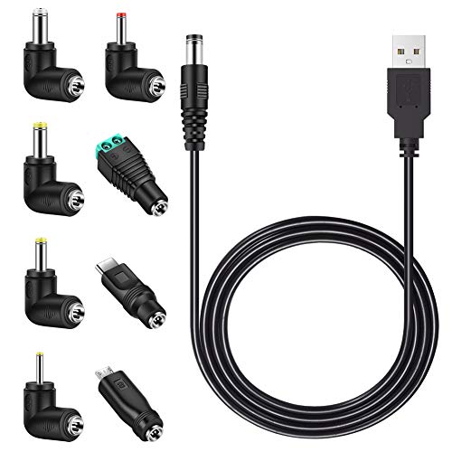 MEROM Universal 5V DC Power Cable, USB to DC 5.5x2.1mm Charging Cord Plug with 8 Connector Tips(5.5x2.5, 4.8x1.7, 4.0x1.7, 3.5x1.35, 2.5x0.7, Micro