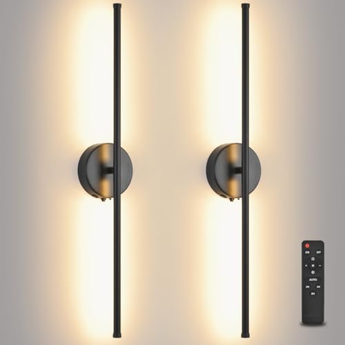 Povectolay Wall Sconces Battery Operated Set of 2, Black LED Wireless Wall Sconce with Remote Control 350° Rotating, 27.6 Inch Dimmable USB