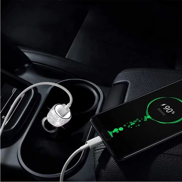 Dual USB Car Charger Bling Bling Handmade Rhinestones Crystal Car Decorations for Fast Charging Car Decors for iPhone, iPad Pro/Air 2/Mini, Samsung