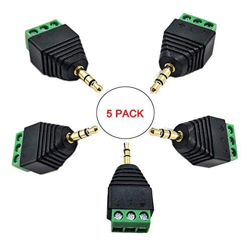 Kework 5 Pack 1/8" 3.5mm TRS Male Jack Terminal Block Connector, 3.5mm 3 Pole Stereo Audio Plug Headphone AUX Balun Bolt Screw Solderless Terminal