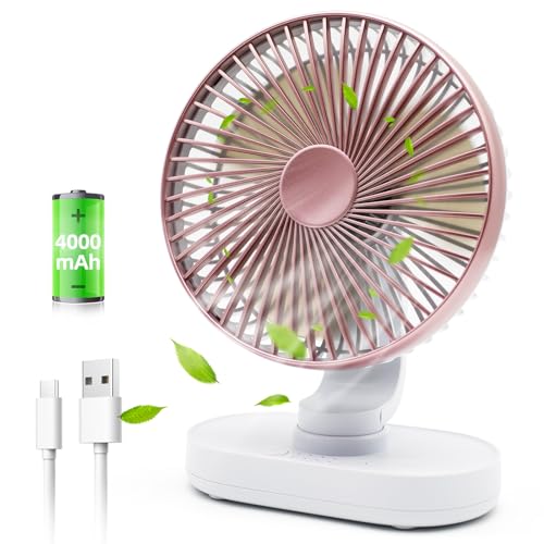 Small Oscillating Fan for Bedroom, 4000mAh Battery Powered Rechargeable Fan, 90° Vertical Manual and 120° Oscillating Desk Fan, 4 Speeds Air