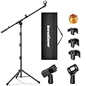 InnoGear Microphone Stand, Tripod Boom Arm Floor Mic Stand Height Adjustable Heavy Duty with Carrying Bag 2 Mic Clips 3/8" to 5/8" Adapter for Singing