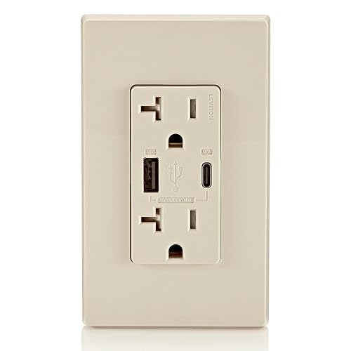 Leviton T5834-T 60W (20V@2.5A+ 5V@2A) USB Dual Type A/Type-C Power Delivery in-Wall Charger with 20A Tamper-Resistant Outlet, USB Charger