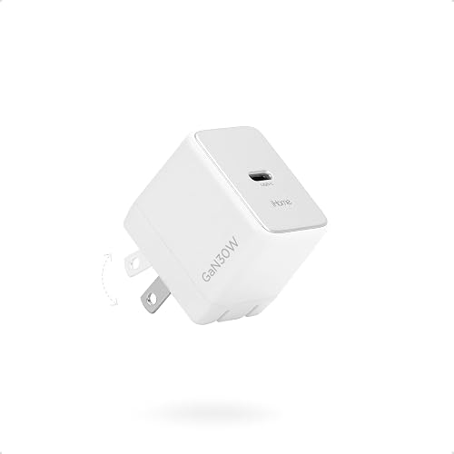 iHome GaN Universal USB-C Charger Block, Power Delivery, Folding Prongs, Compact Travel Design for Phones, Tablets & USB-C Devices (White, 30W)