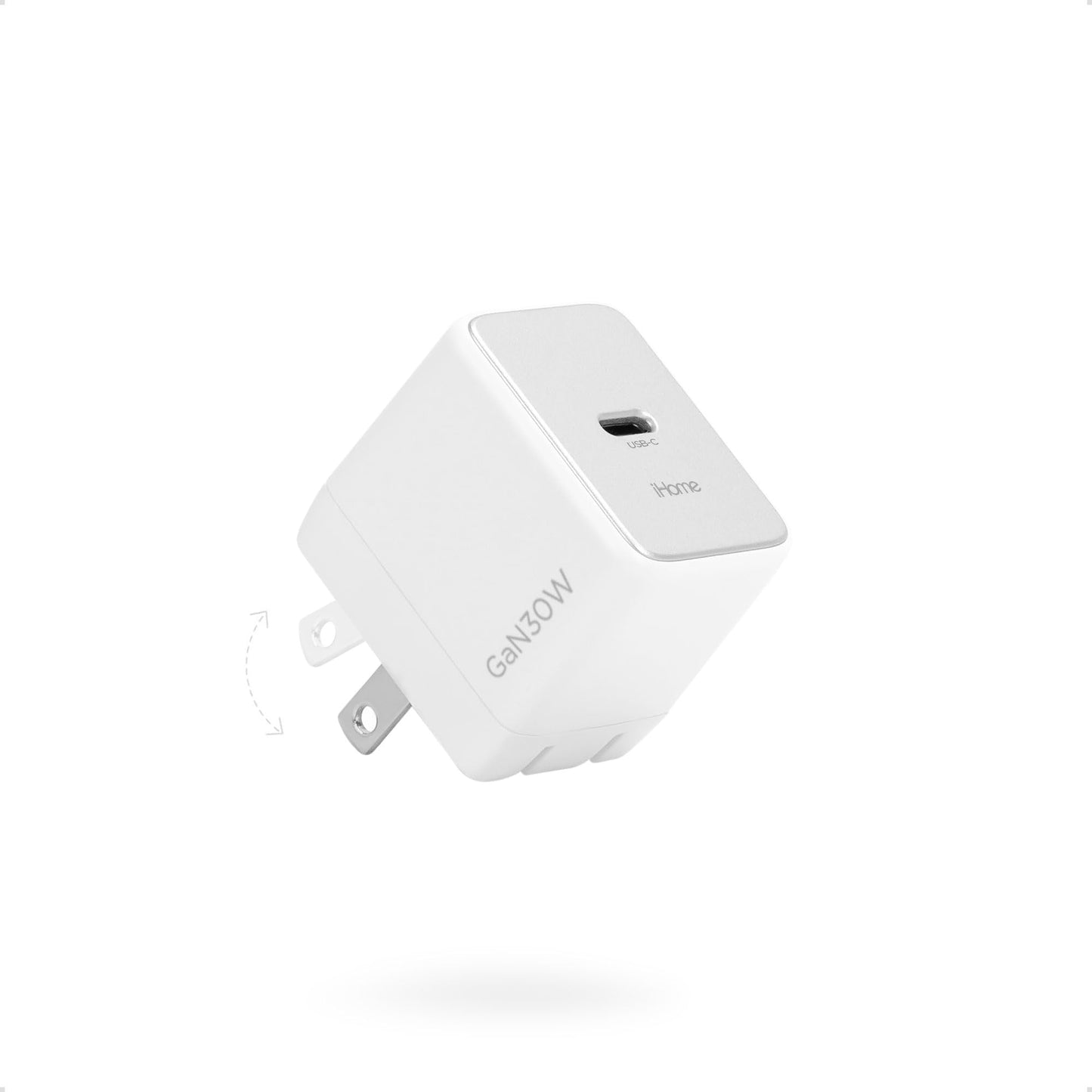 iHome GaN Universal USB-C Charger Block, Power Delivery, Folding Prongs, Compact Travel Design for Phones, Tablets & USB-C Devices (White, 30W)