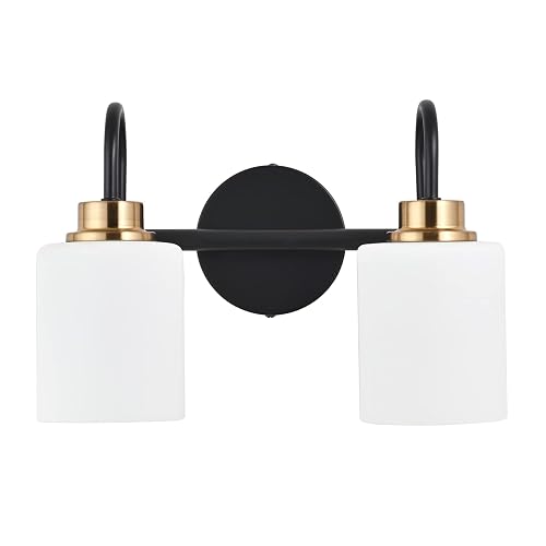 ZHUOER Modern Matte Black and Gold Bathroom Vanity Light Fixtures 2 Lights Milky Glass Wall Sconce Light Modern Vanity Lights Over Mirror(Exclude E26