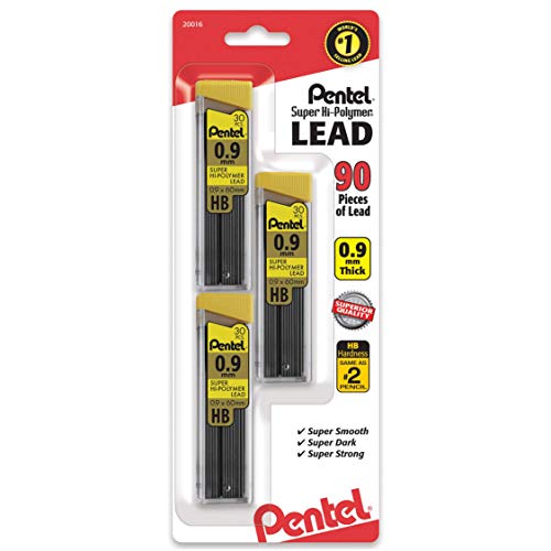 Pentel Super Hi-Polymer Lead Refills, (0.9 mm), Thick, HB, Pack of 3, 90 Pieces of Lead (C29BPHB3)