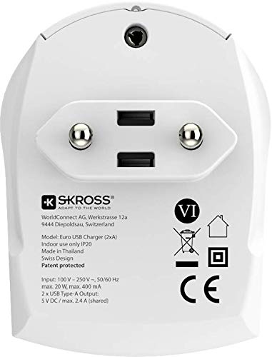 SKROSS - European 2 Pin Charger with 2 USB 2.4 A Ports for Charging 2 Phones or Tablets - Perfect for Charging Your Devices While in Europe