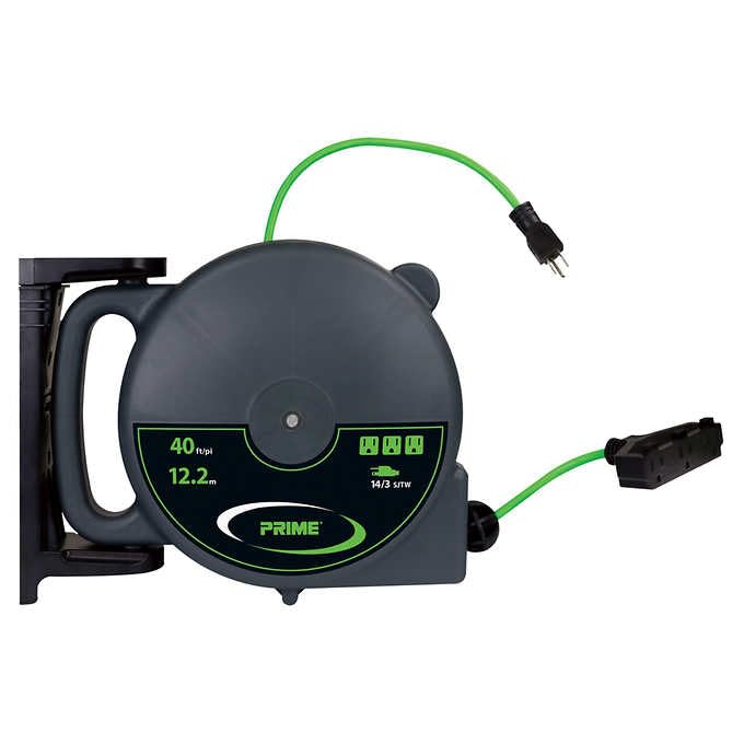 Prime Wire & Cable 40FT 12m Retractable Extension Cord Reel, Heavy Duty Power Cord Reel with Triple Outlets, 14AWG/3C SJTW Cord, Circuit Breaker