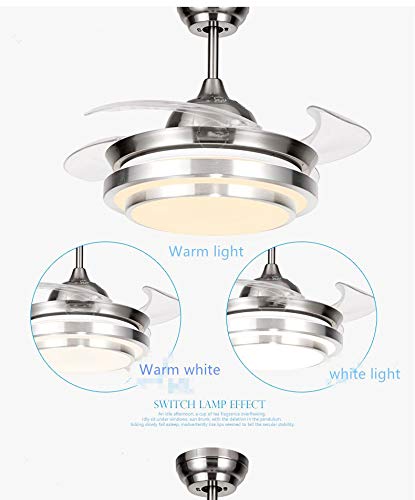 Modern Ceiling Light with Fan Remote Control Retractable Blades 3 Color Lighting 3 Speed Chandelier Light Retractable Invisible Blade for Living Room