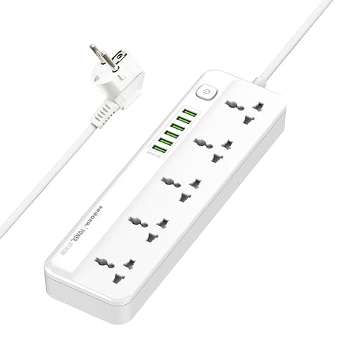 K KRIËGER Universal Power Strip Surge Protector, 5 Outlets, 6 USB Ports, Child Saftey Latch, On/Off Power Button, 2M Extension Cord, Flat Plug