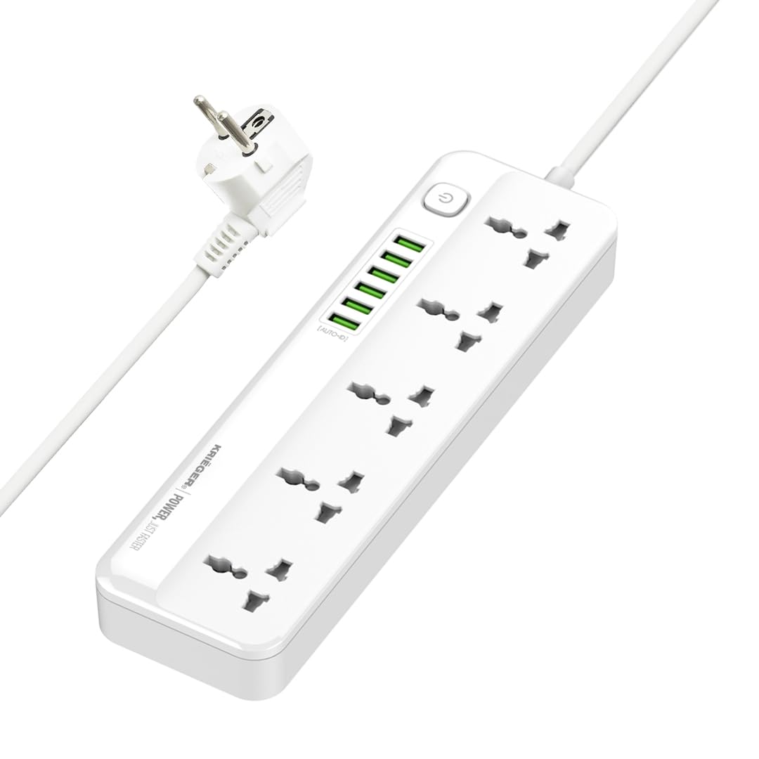 K KRIËGER Universal Power Strip Surge Protector, 5 Outlets, 6 USB Ports, Child Saftey Latch, On/Off Power Button, 2M Extension Cord, Flat Plug