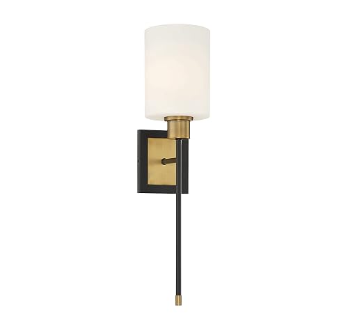 Savoy House 9-1645-1-143 Alvera Mid-Century Modern White Opal Glass Wall Sconce, 1-Light 60 Watt, 23" H x 6" W, Matte Black with Warm Brass Accents
