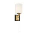 Savoy House 9-1645-1-143 Alvera Mid-Century Modern White Opal Glass Wall Sconce, 1-Light 60 Watt, 23" H x 6" W, Matte Black with Warm Brass Accents