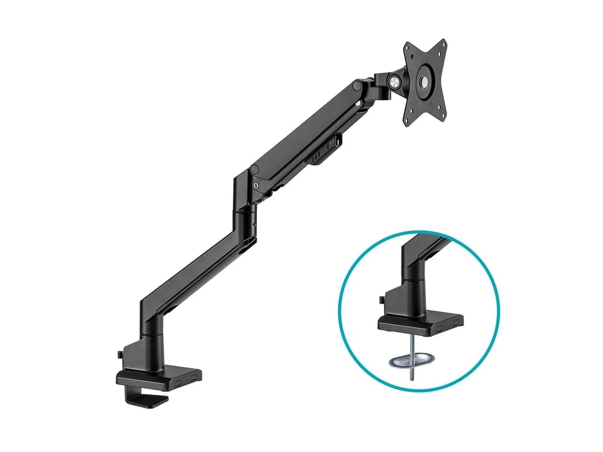 Monoprice Low Profile Single Monitor Gas Spring Desk Mount - Up to 32in/19.8 lbs Screens, Detachable VESA 100x100/75x75 Plate, 180 Degree Wall Stop
