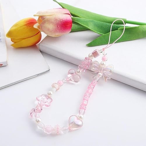 NexusPulse Pink Acrylic Beaded Mobile Phone Straps Anti-Lost Hand Strap Pendant Hanging Rope Phone Wrist Hand Lanyard Home Cell Phone Charms Button