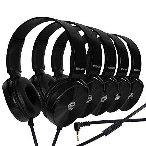Sonitum Premium Classroom Headphone & Mic Set 3.5mm Jack Stereo Sound Earphones with Microphone & Soft Swivel On Ear Pads- Perfect for E-Learning