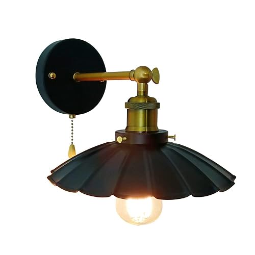 VinTopsh Industrial Black Wall Sconce Light, Vintage 1-Light Switch Farmhouse Wall Lamp, Pull Chain Wall Sconce Lighting for Bedroom Bathroom Kitchen