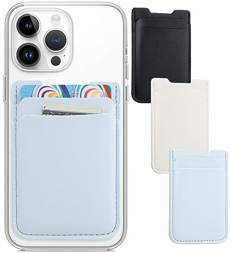 Fulgamo Phone Wallet Stick on,3Pack Phone Card Holder for Phone Case, Leather Credit Card Sticky Wallet Double Pocket Sticker Back of iPhone, Android