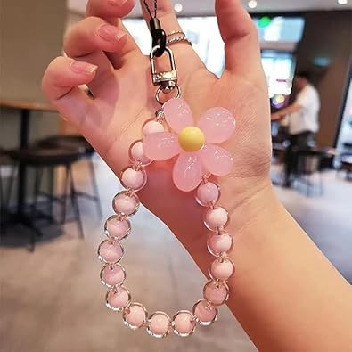 GANPUB Pink Mobile Strap Beaded Flower Bracelet Creative Hanging Rope Keychain Mobile Phone Lanyard Beaded Flower Anti-Lost Phone Case Cell Phone