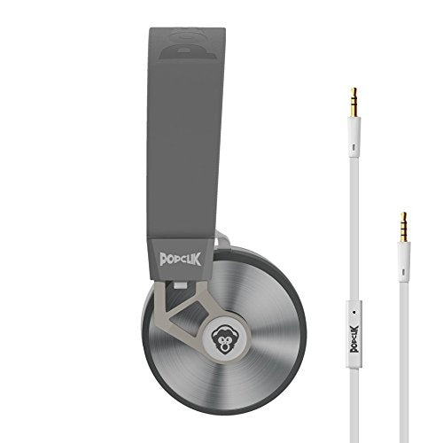 PopClik 2 ONE Headphones Gray/White Leather Elegance and Soft-Spoken Steel 40 mm Neodymium Magnet Driver Over The Ear